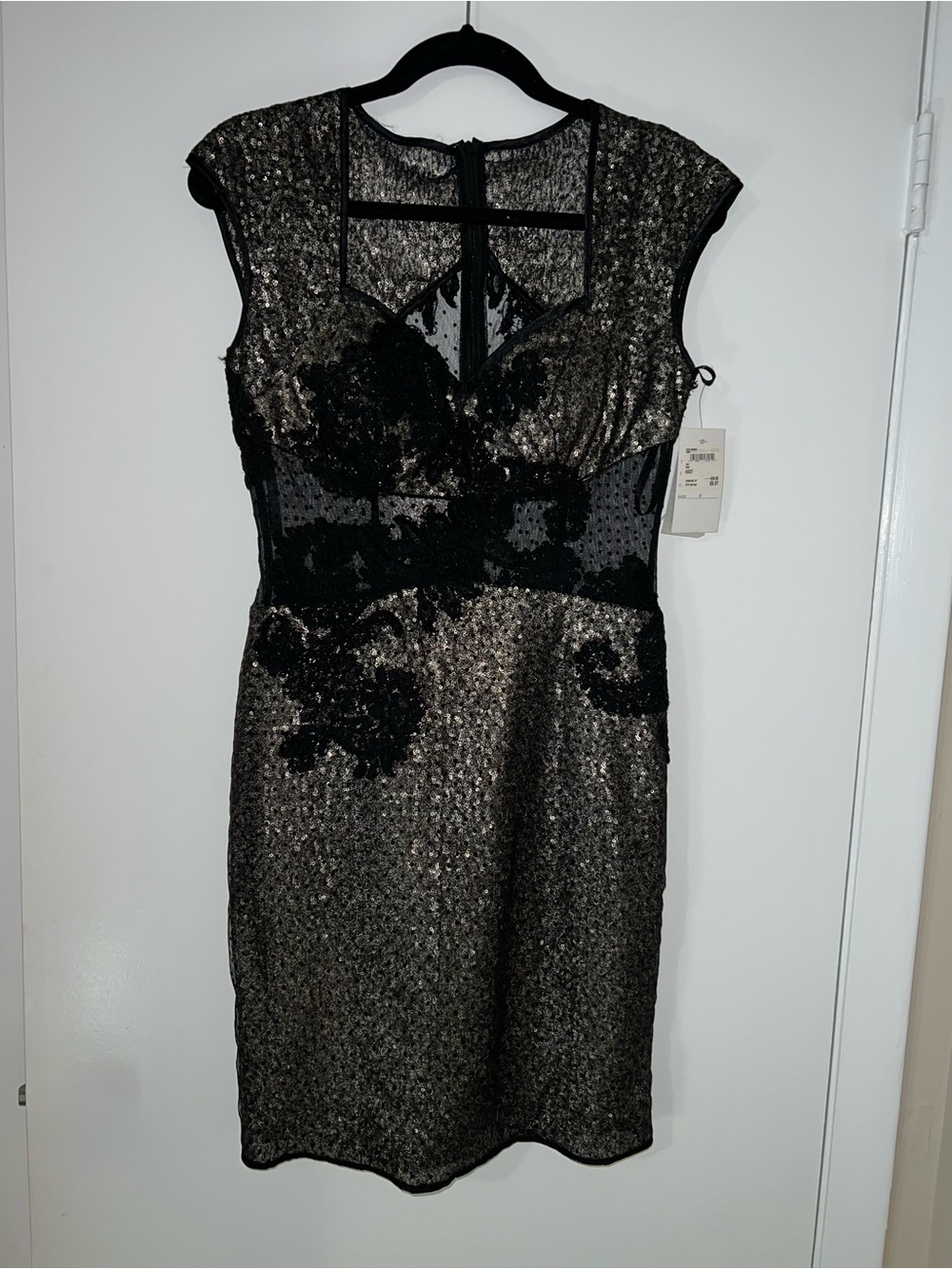 Alberto Makali Black and Gold Embellished Lace Mini Dress